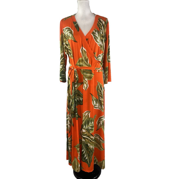 Mlle Gabrielle Dress Plus sz 3X Orange Tropical Slinky Midi Modest Wedding Beach - Picture 2 of 16